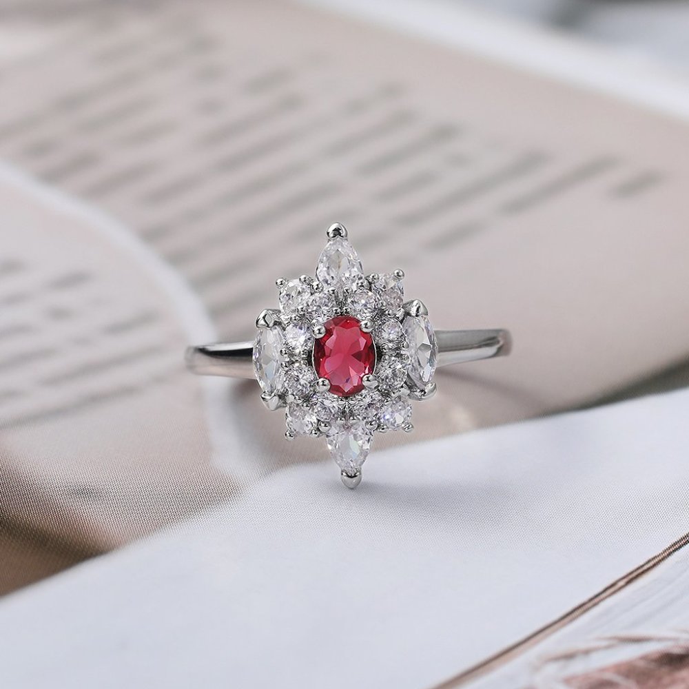 💍LUXURY RUBY OLD MINE DIAMOND NOBLE SILVER SHINY FLOWER DAINTY RING, K920 - Picture 4 of 9